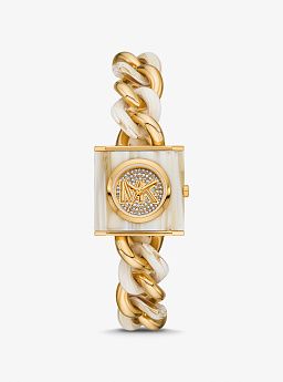 Petite Lock Pavé Gold-Tone and Acetate Chain Watch